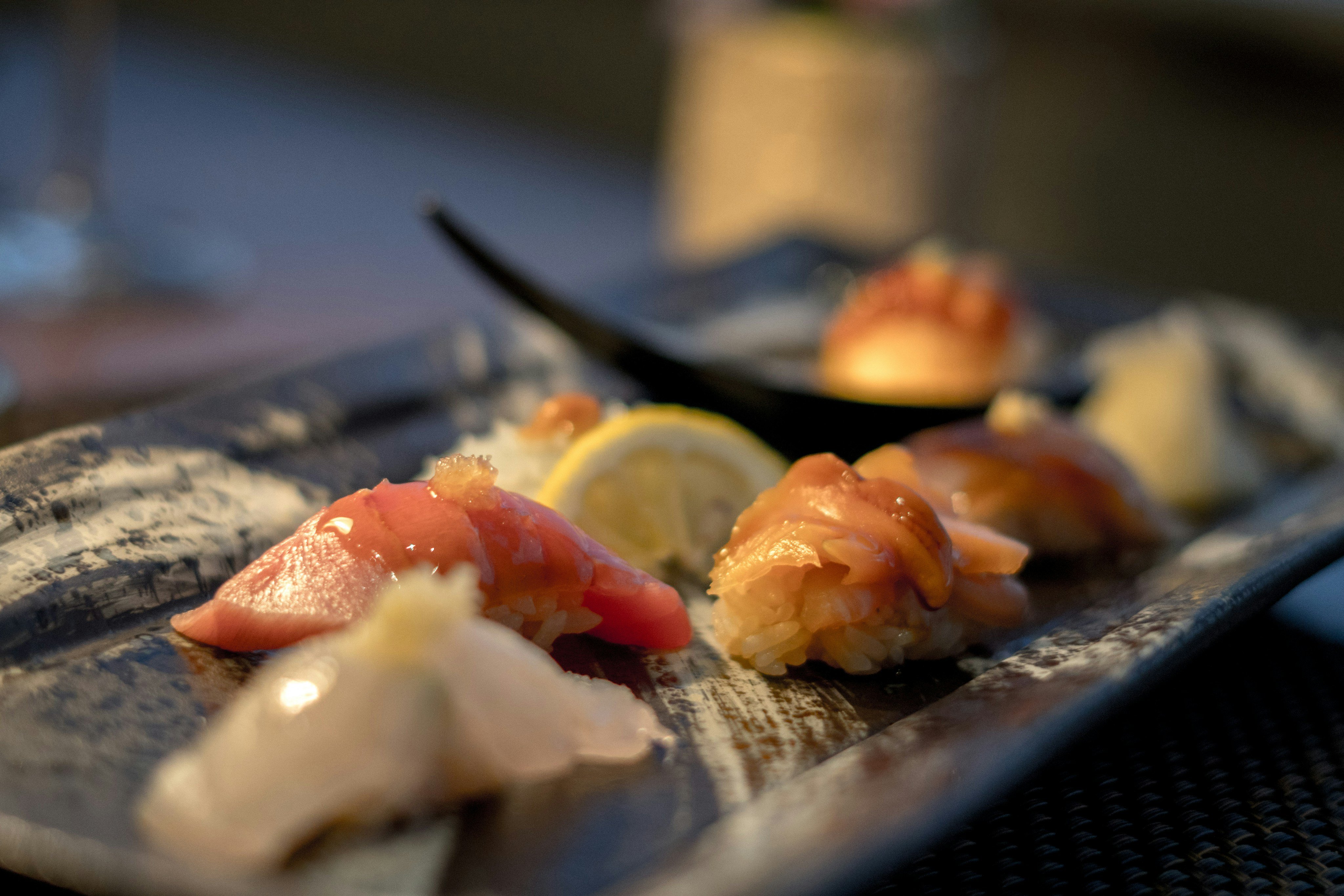 Nigiri sushi plated at Nobu Malibu