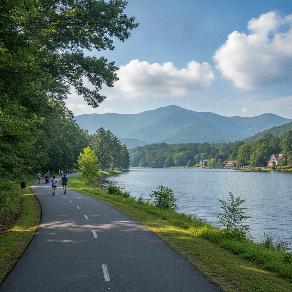 The paved walking loop around Lake Junaluska in Haywood County, North Carolina, with mountains across the water