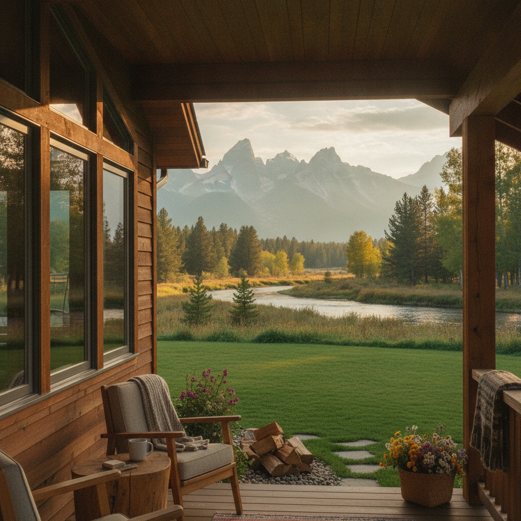 Covered porch with wooden chairs overlooking river, meadow, and mountain range with evergreen forest