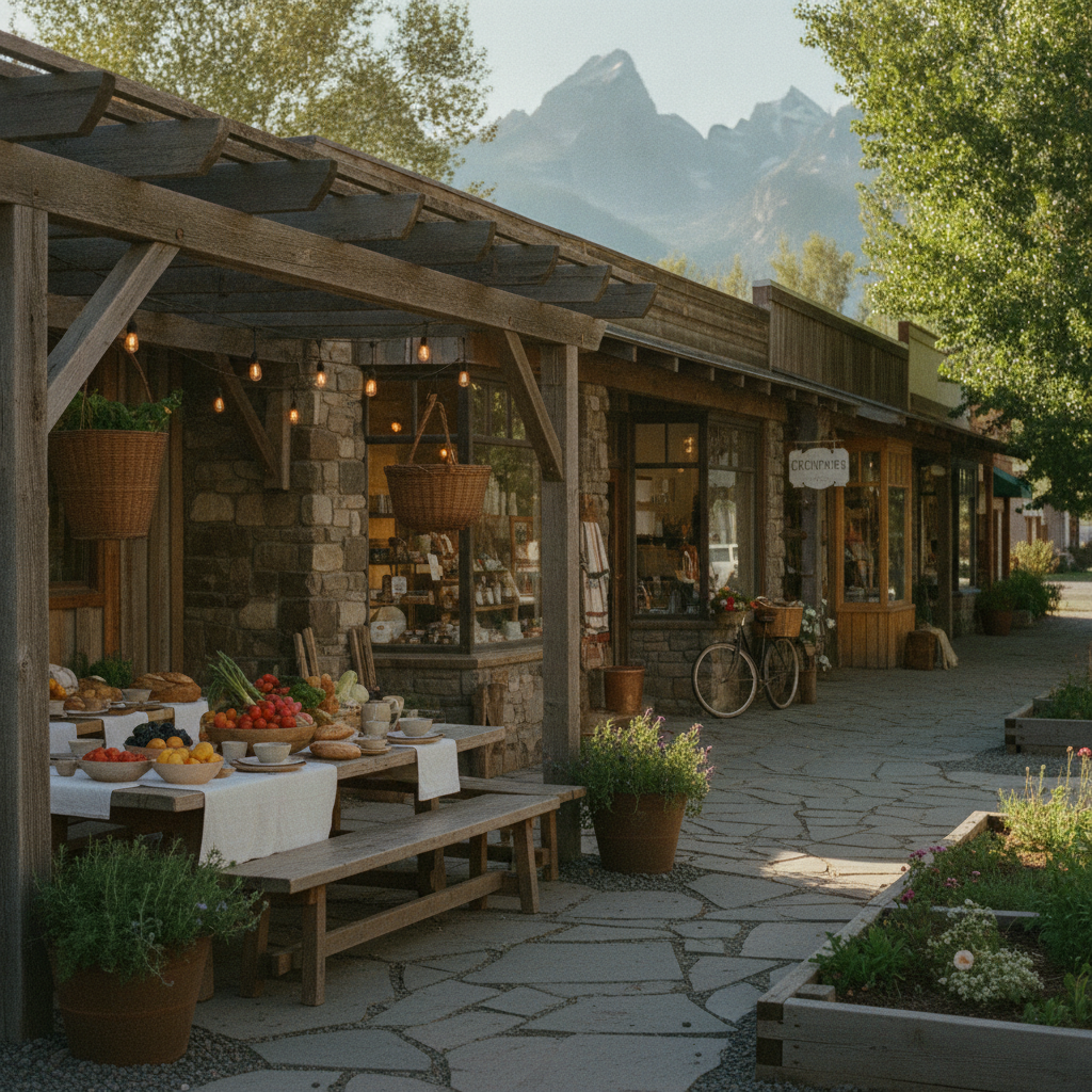 Stone storefronts with wooden pergolas and hanging lights along a pedestrian street, mountains visible in background