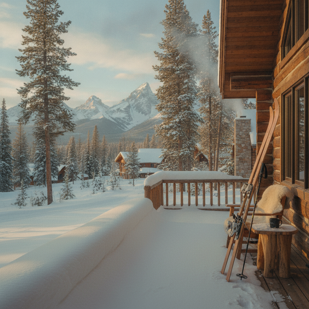 Wooden cabin deck with snow-covered railing overlooking snowy forest, mountains, and frozen lake in winter