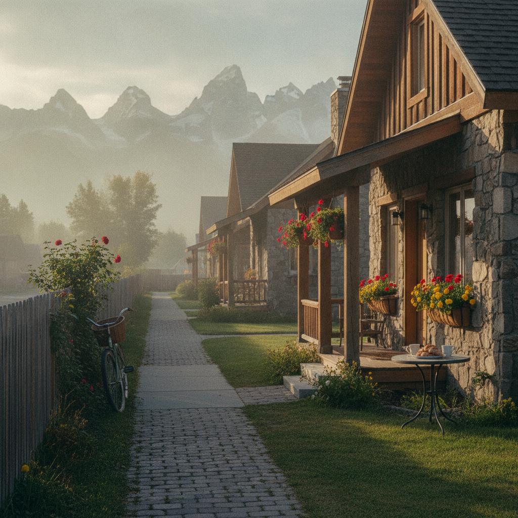 Stone and timber cottages with red flower baskets along a paved pathway, mountains in misty background