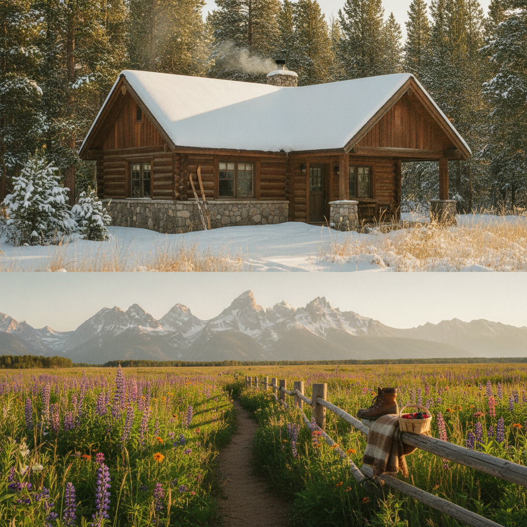 Log cabin with stone foundation in snowy forest; wildflower meadow with mountain range and wooden fence below.