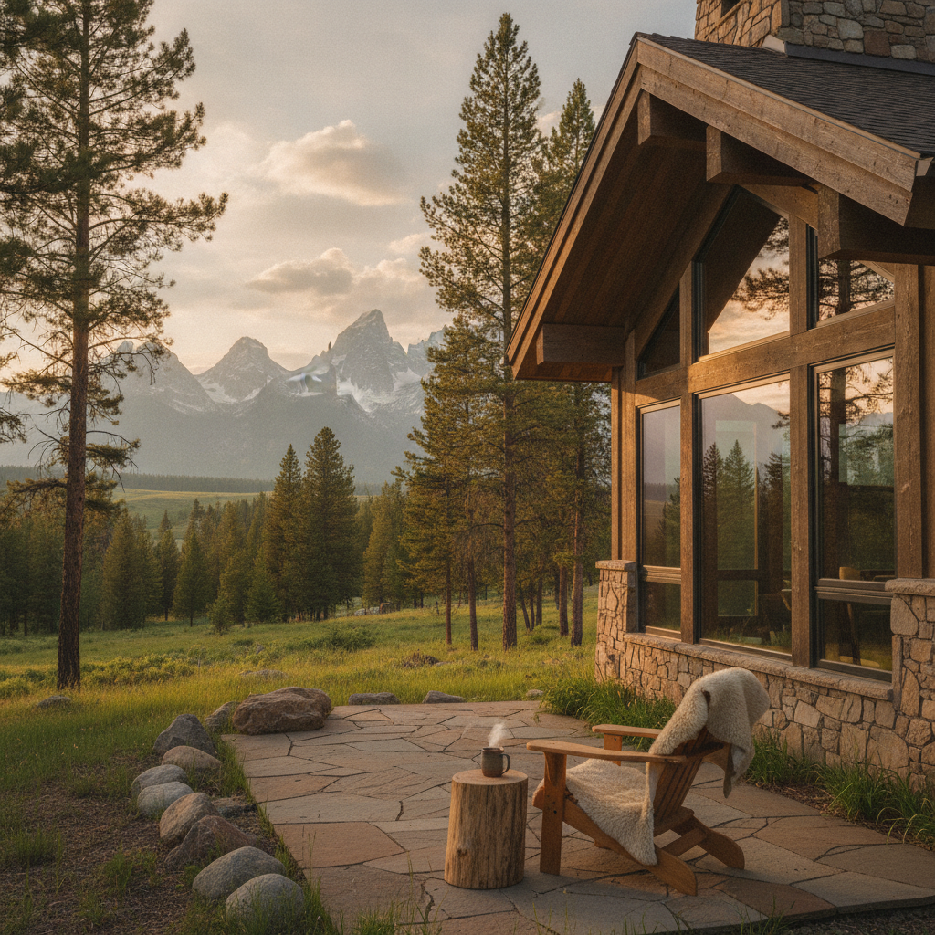 Modern wood and stone cabin with patio overlooking forested valley and distant mountain peaks at sunset