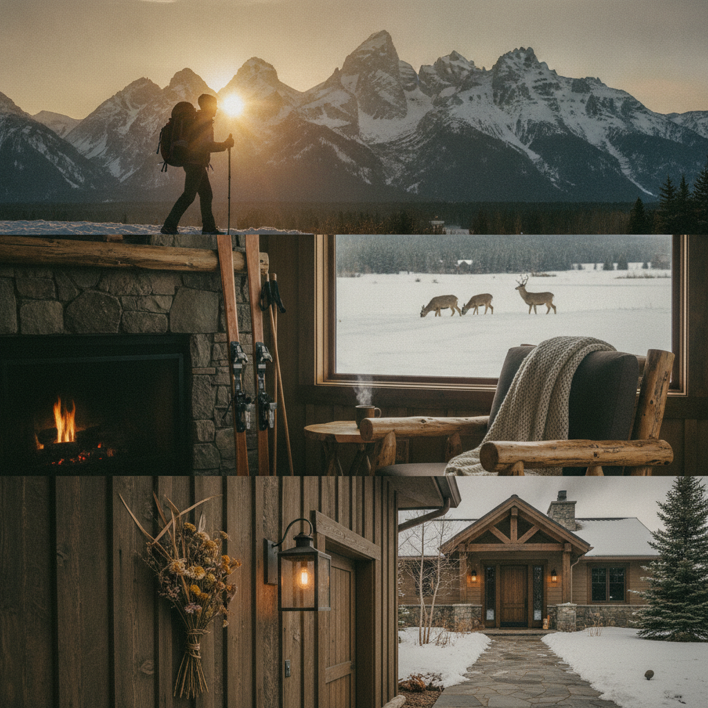 Collage of mountain lodge features: hiker at sunset with snowy peaks, fireplace, window view of deer on frozen lake, rustic cabin exterior in winter.