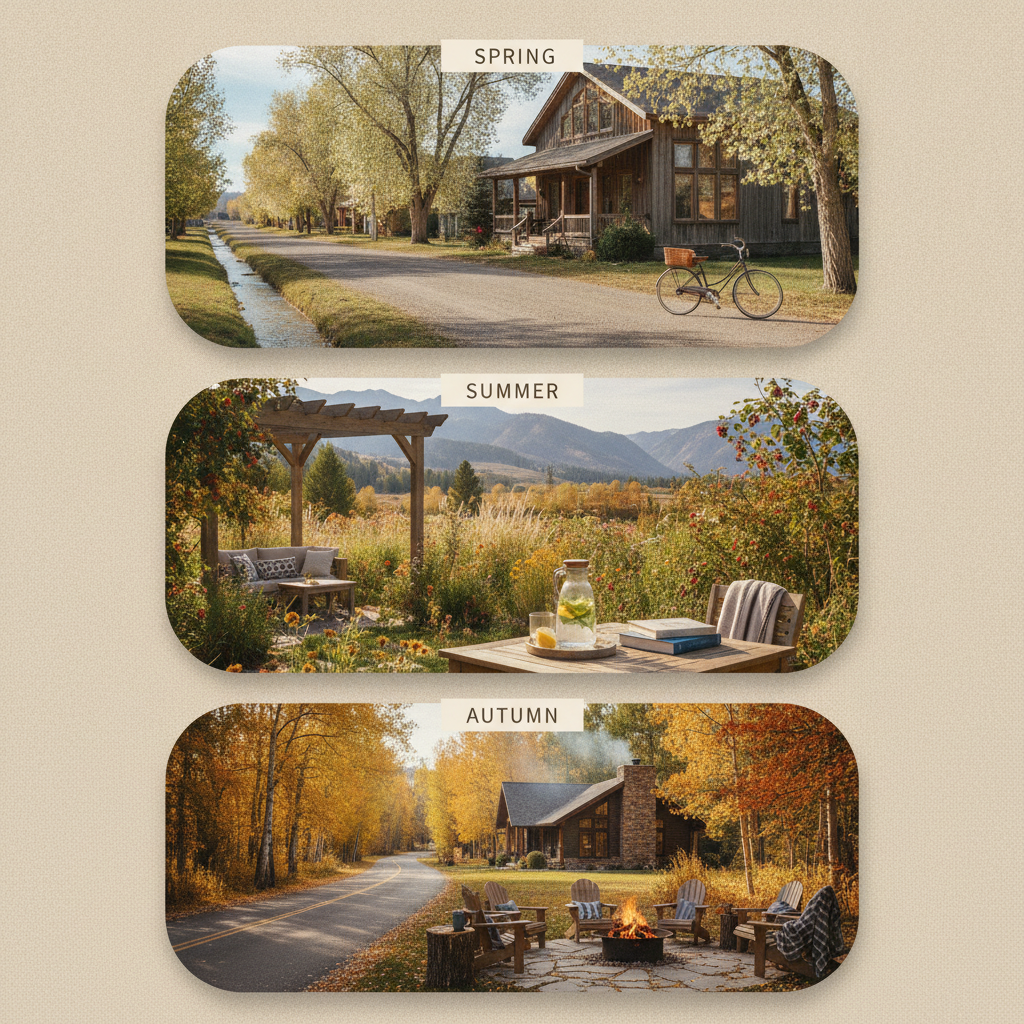 Seasonal scenes of rural property: spring cottage with bicycle, summer mountain patio, autumn house with firepit