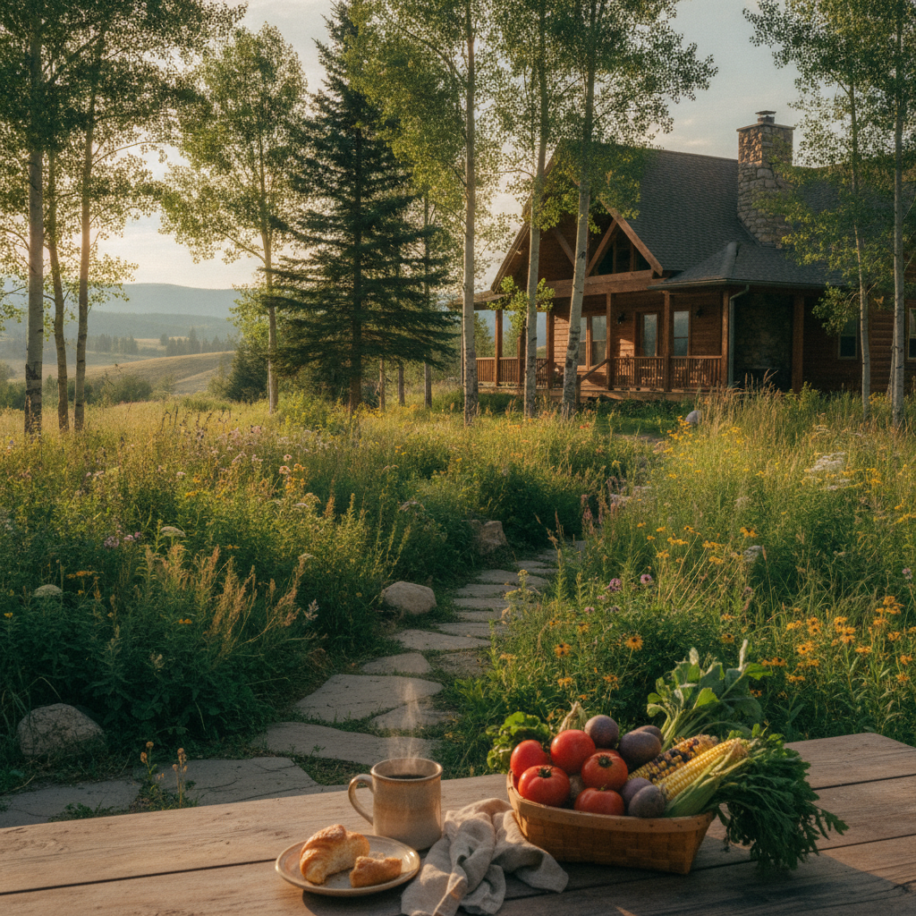 Rustic log cabin with stone chimney nestled in forest clearing, wildflower garden path leading to porch, fresh produce and bread on wooden table in foreground