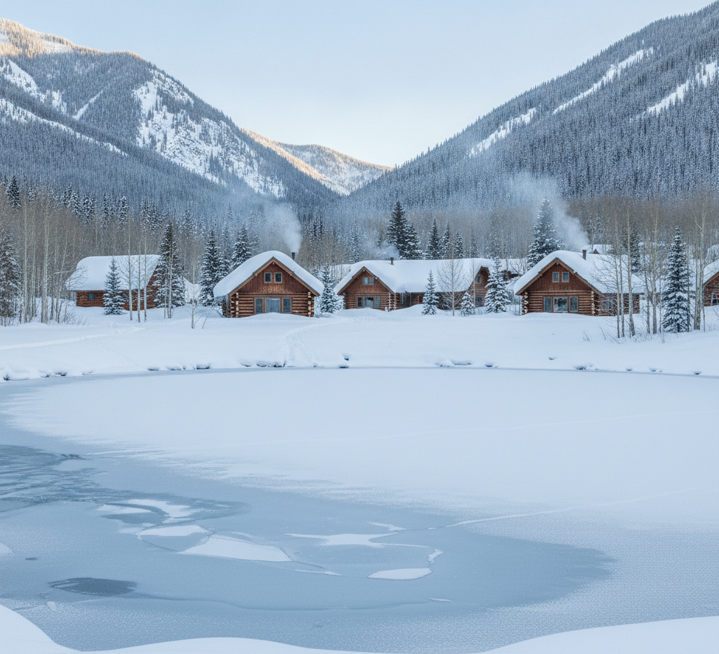 Snow-covered log cabins and a frozen pond in the Fraser Valley between Fraser and Tabernash, Colorado, in mid-winter