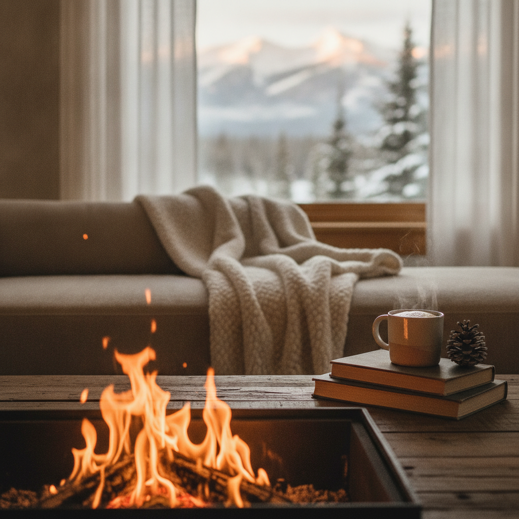 Interior of a Winter Park, Colorado vacation home living room with a lit fireplace and large windows facing snowy mountains