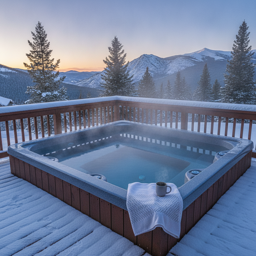 A private outdoor hot tub steaming on a snowy deck at a Winter Park, Colorado vacation home with pine trees and mountains behind