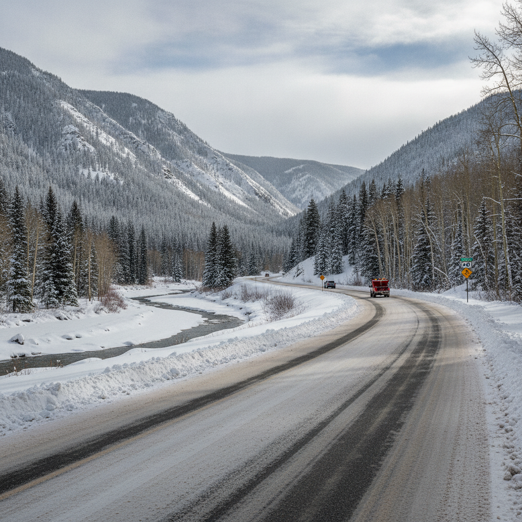 Snowy stretch of US 40 following the Fraser River north from Winter Park toward Granby, Colorado