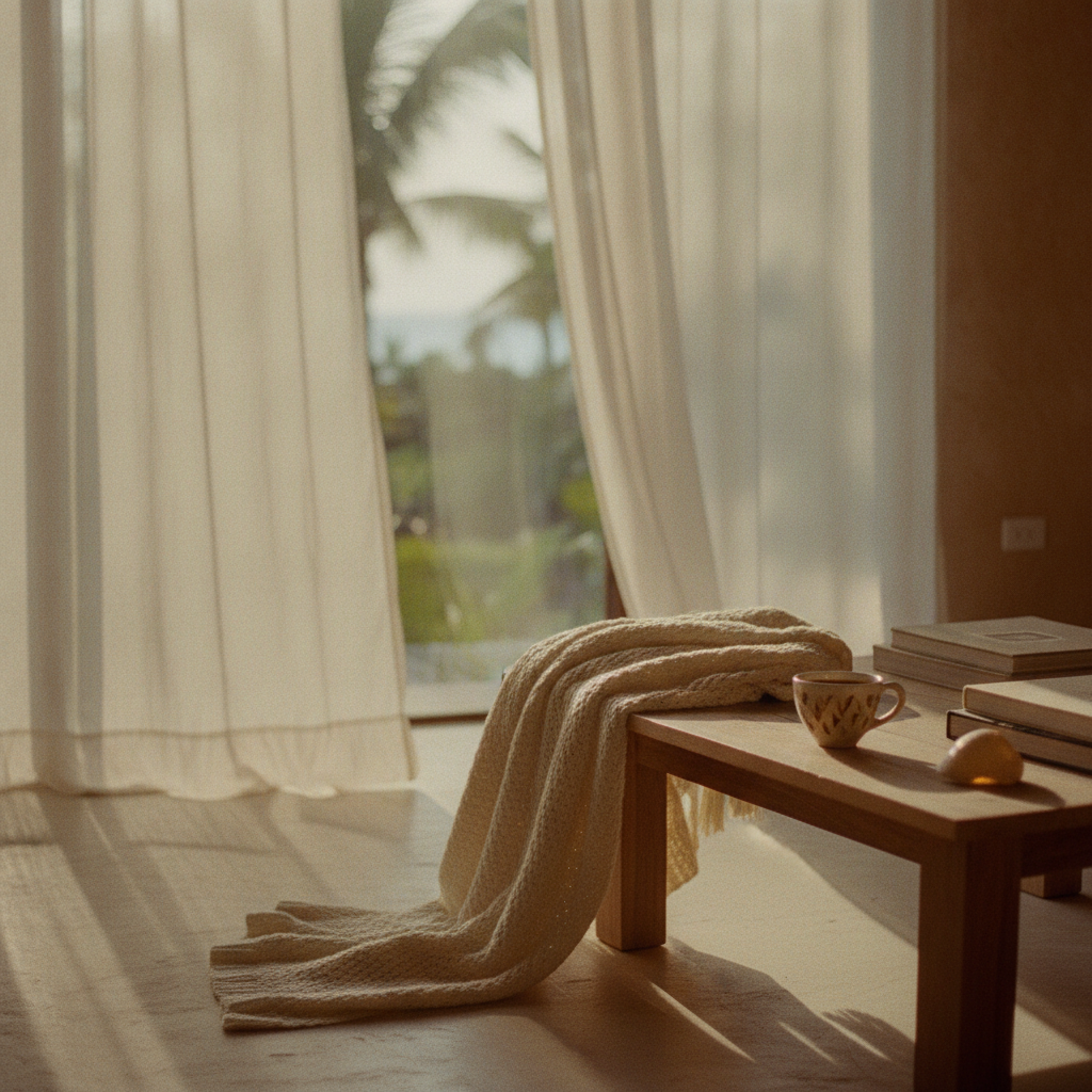 Wooden table with draped blanket, books, and cup near sheer curtains and garden view