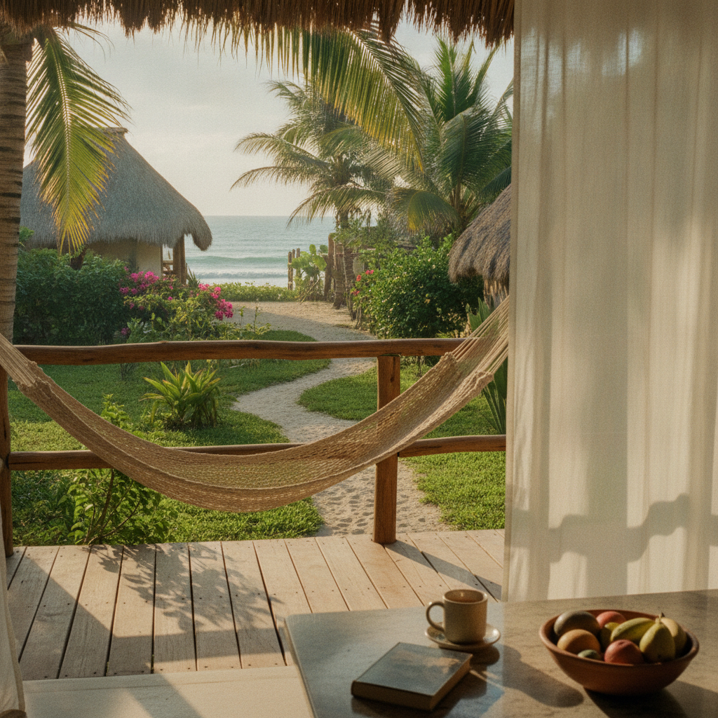 Beachfront bungalow patio with hammock, palm trees, ocean view, and tropical garden with flowering plants