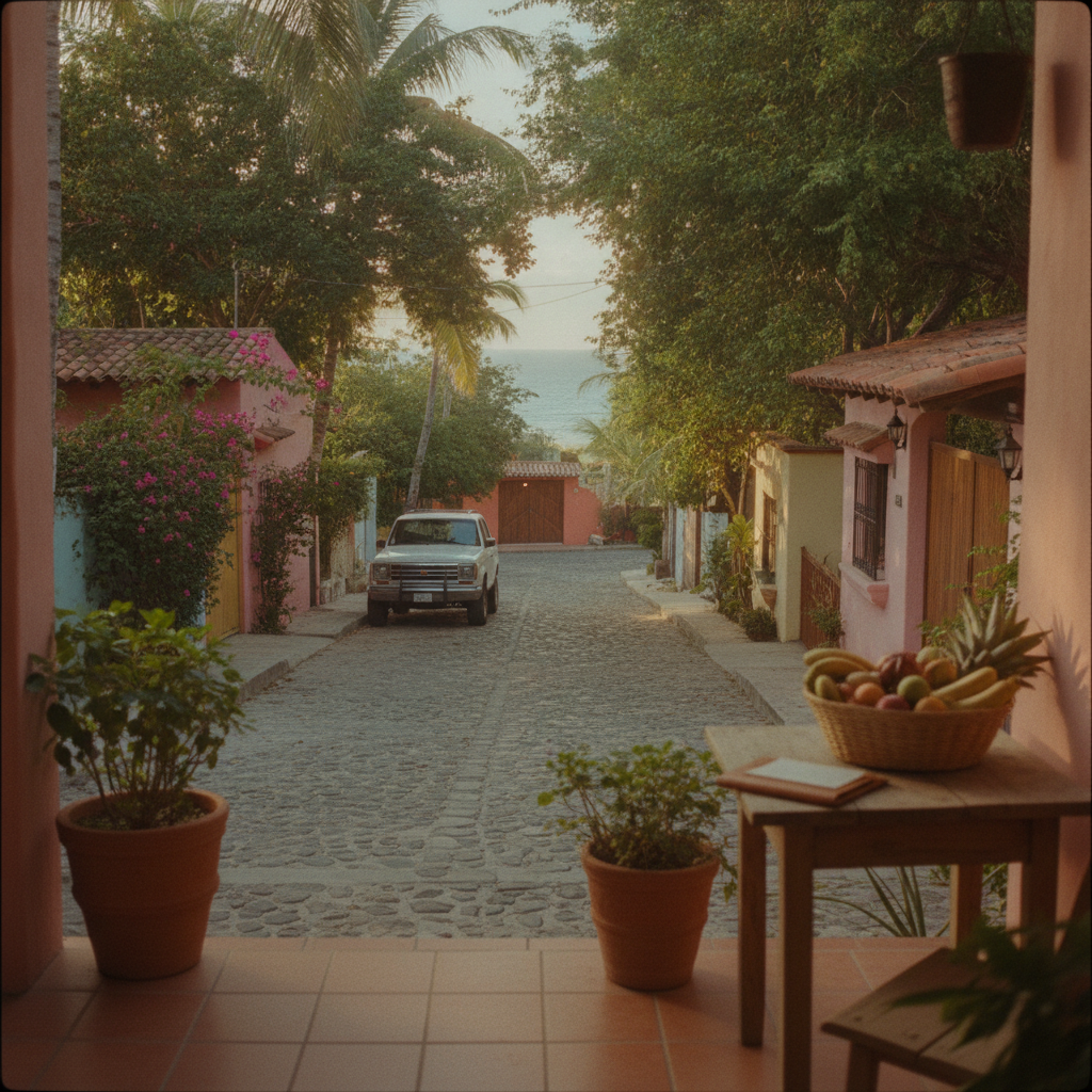 Cobblestone street lined with colorful colonial buildings, ocean view between trees, potted plants in foreground