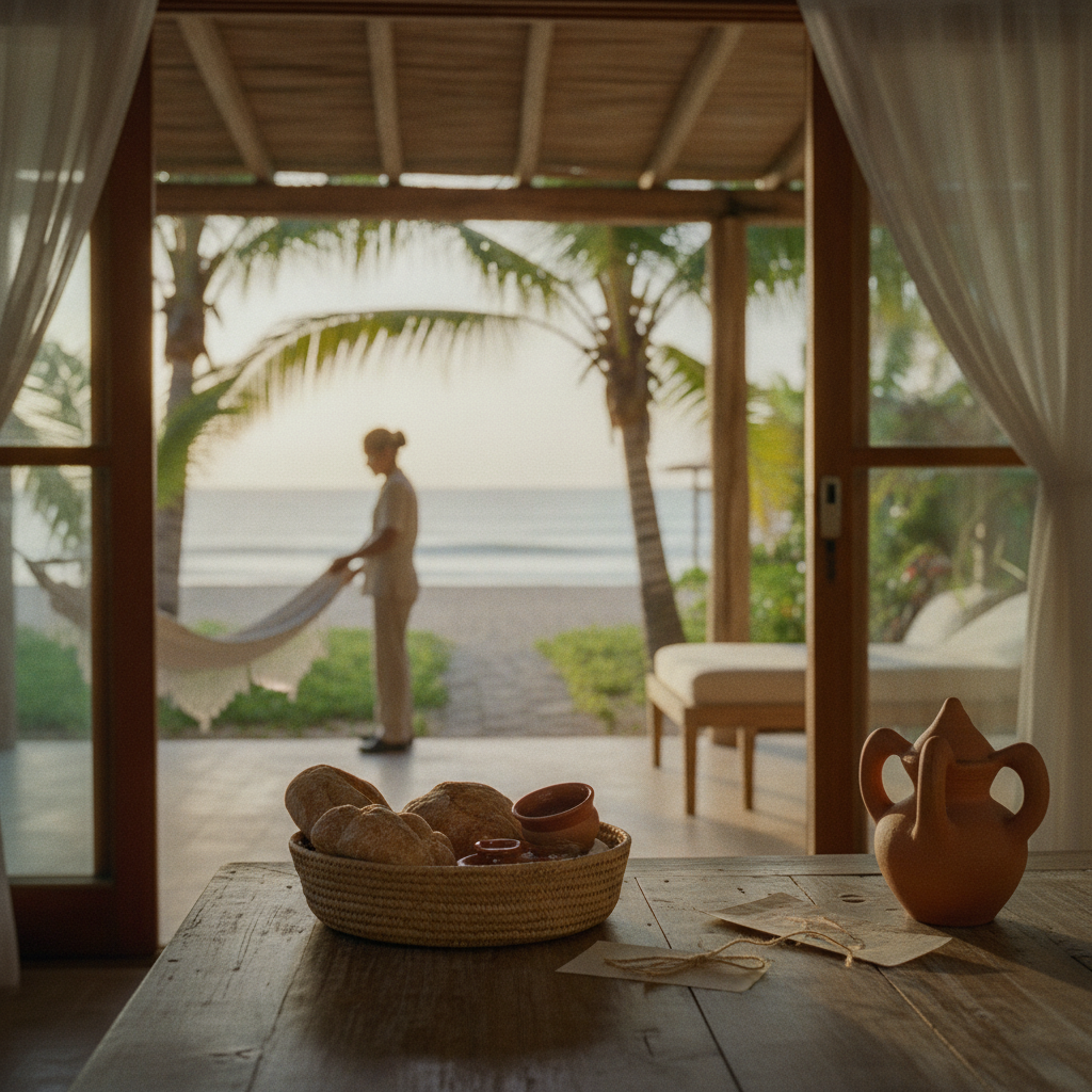 Wooden table with woven basket and terracotta pottery overlooking beachfront pavilion with person in hammock