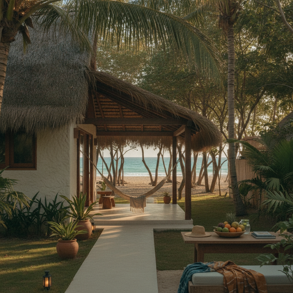 Thatched-roof beach bungalow with hammock, palm trees, and ocean view through covered patio