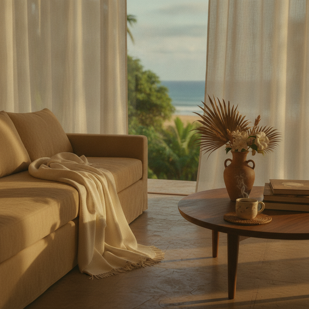 Beige armchair with throw blanket facing ocean view through sheer curtains, wooden table with dried palm arrangement and books