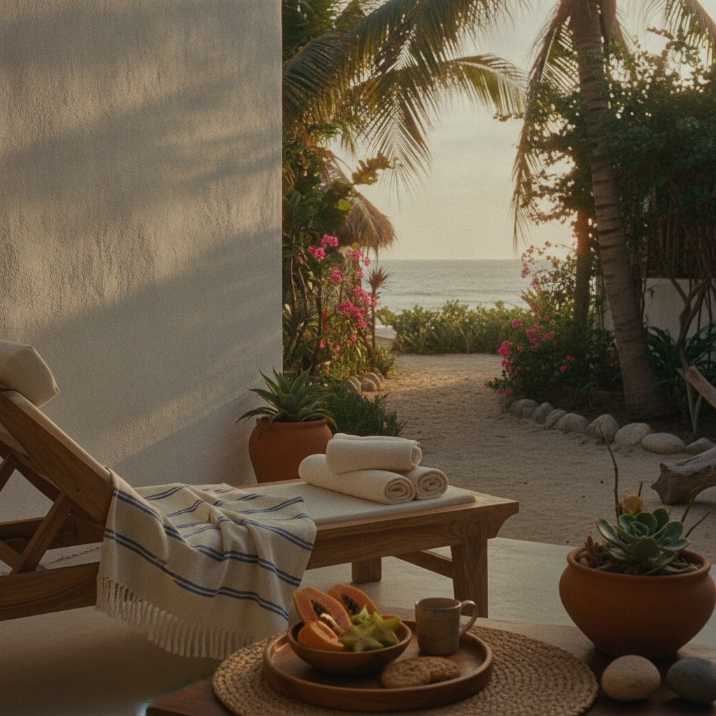 Beachfront patio with lounge chair, rolled towels, potted plants, and ocean view through palm trees and flowering vines