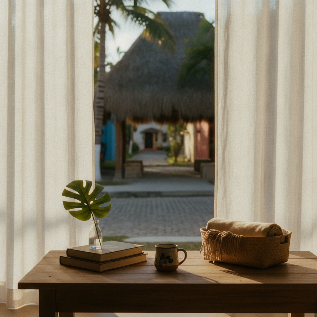 Wooden desk with books, monstera leaf in vase, and woven basket overlooking tropical resort courtyard with thatched-roof buildings