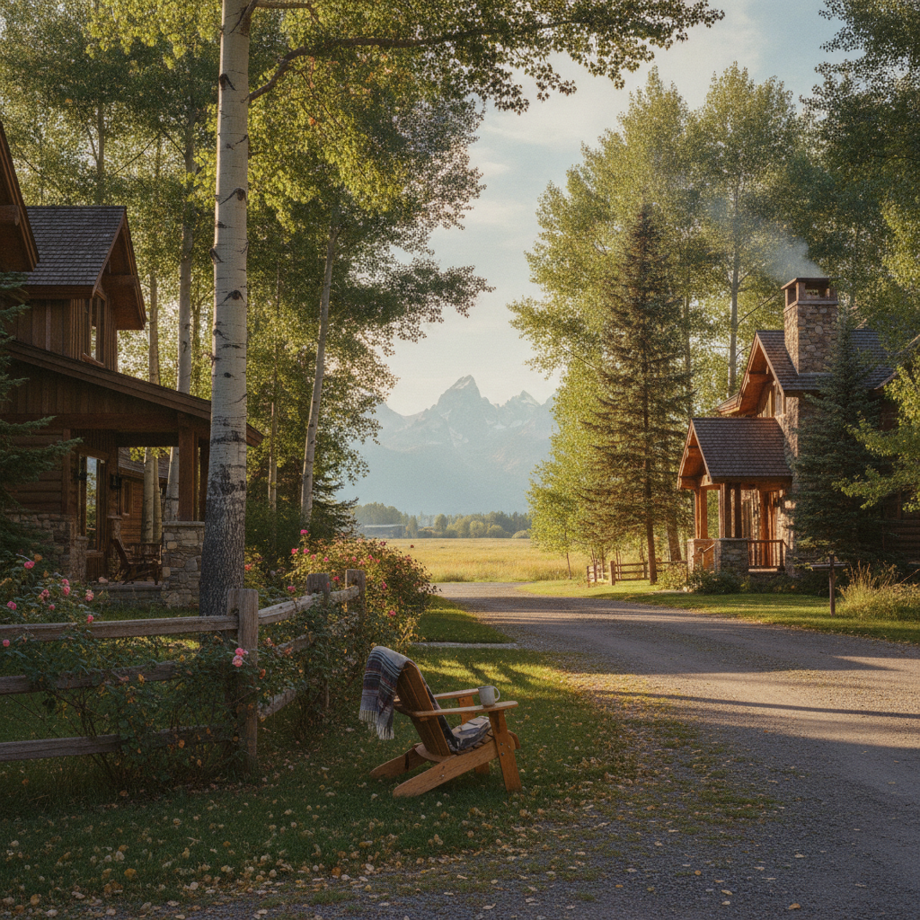 Rustic cabins along a tree-lined driveway with mountain and meadow views in distance