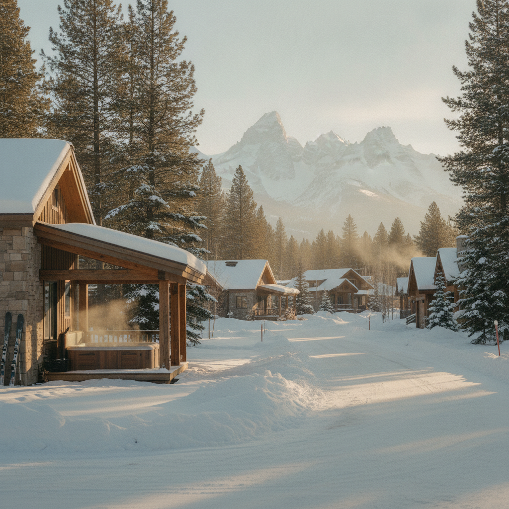 Modern mountain cabins with snow-covered roofs nestled among pine trees, with jagged peaks visible in the distance