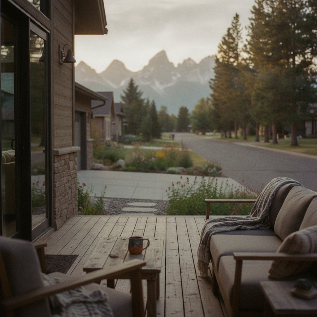 Wooden deck with lounge chairs overlooking mountain peaks and evergreen forest, modern home with stone exterior