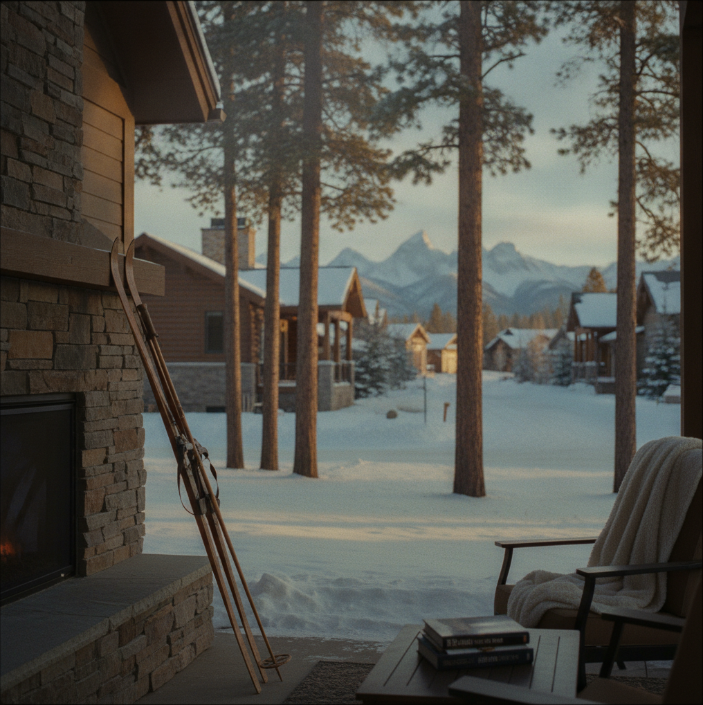 Stone cabin patio with Adirondack chair overlooking snowy forest, tall pines, and distant mountains
