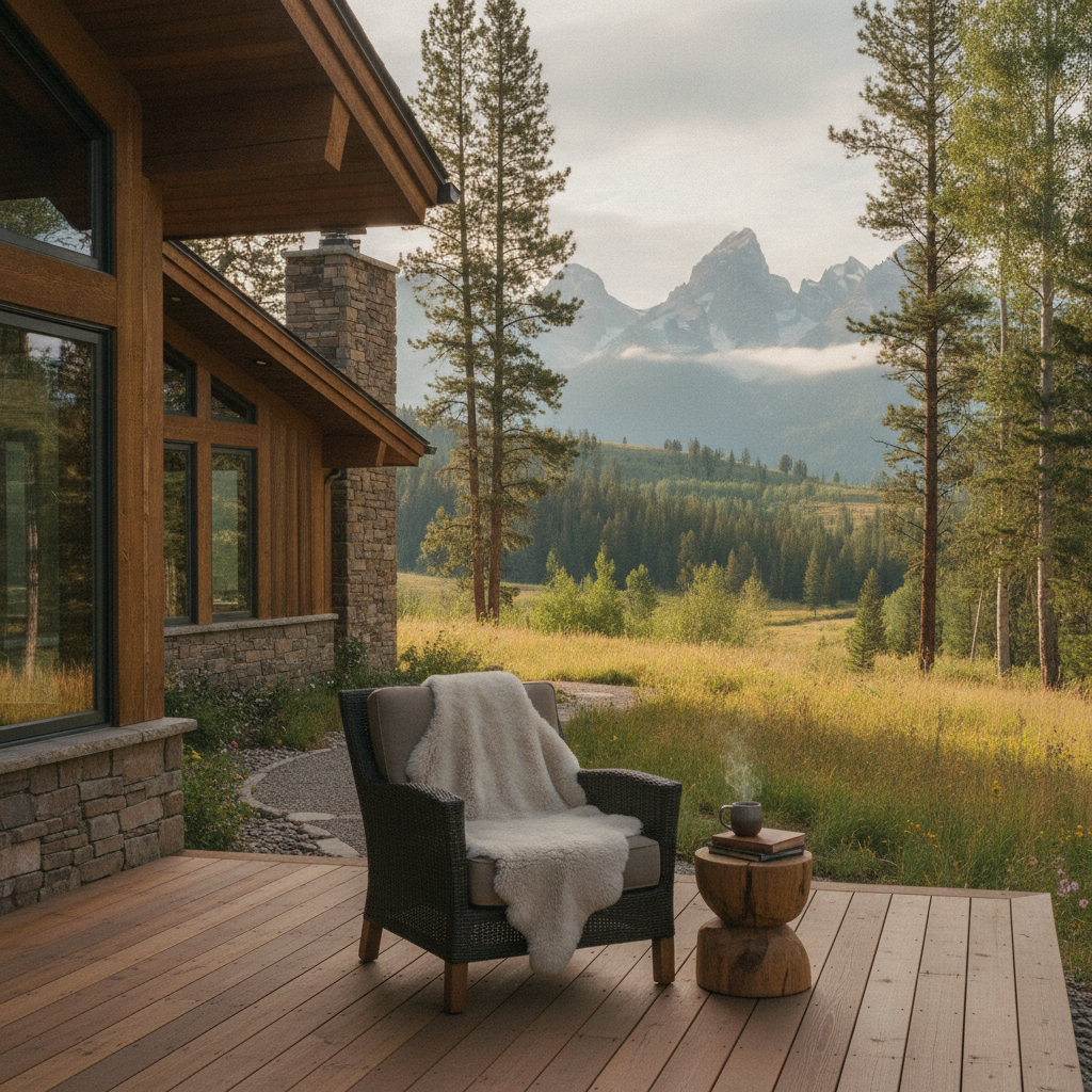 Modern wood and stone cabin with deck overlooking forested valley and jagged mountain peaks
