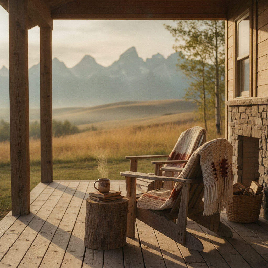 Covered porch with Adirondack chairs overlooking mountain valley and meadow