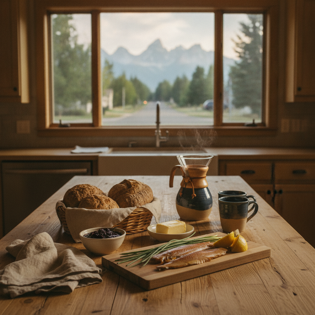 Kitchen table with bread, smoked fish, butter, and coffee overlooking mountain range through large window
