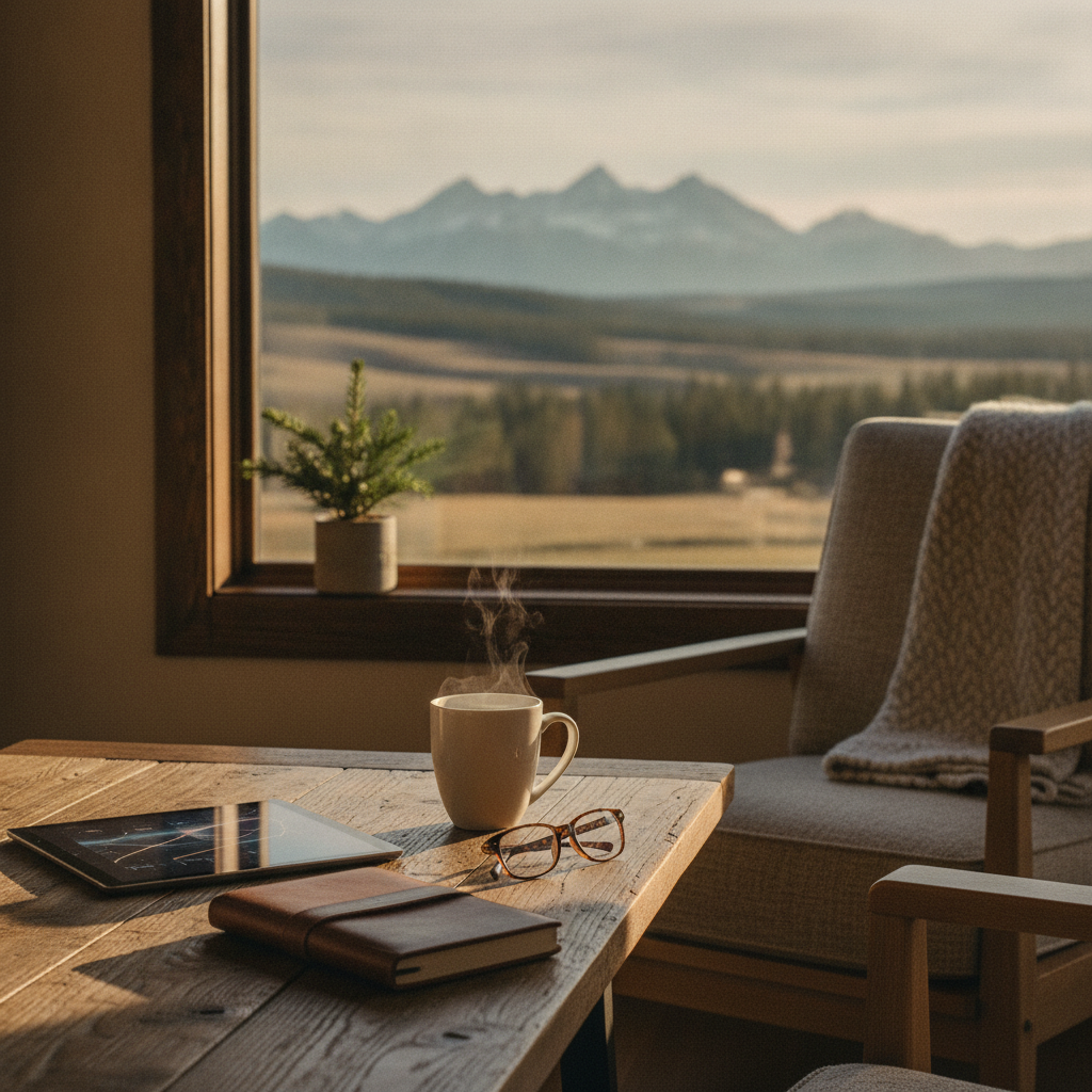 Wooden desk with steaming mug, glasses, and notebook overlooking mountain valley and forest landscape through large window