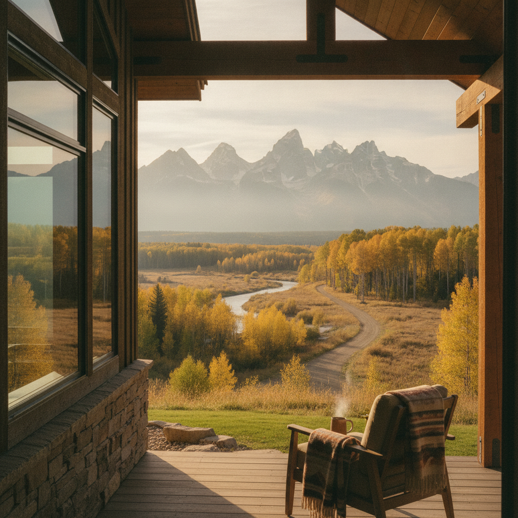 Modern cabin interior with open door framing mountain peaks, golden aspen forest, and winding river valley in autumn