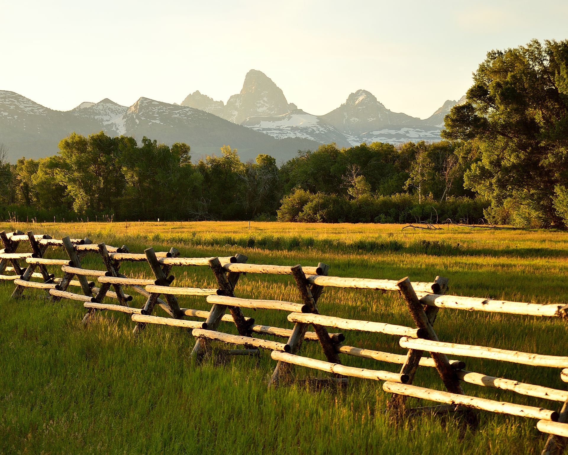 Wooden split-rail fence in grassy meadow with forested valley and snow-capped mountain peaks in background