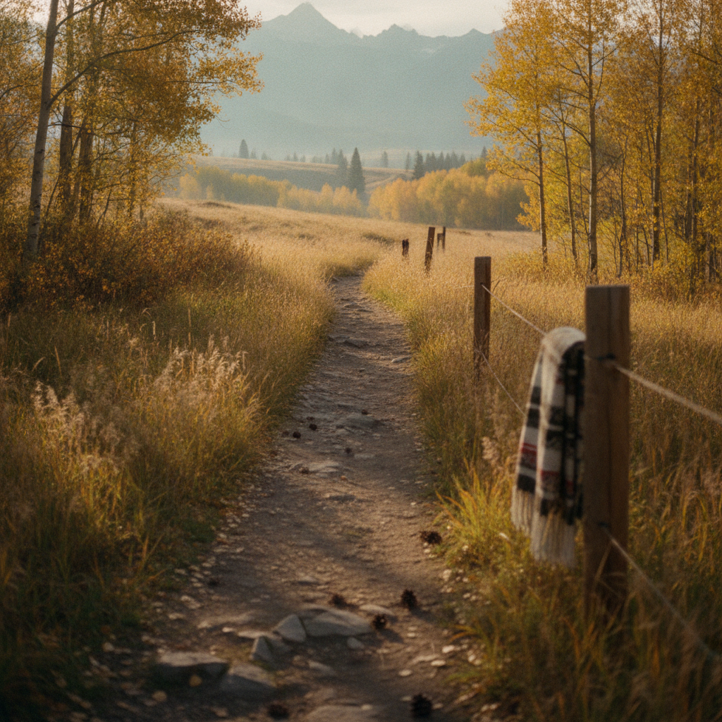 Dirt trail through golden aspen trees with mountain peaks and valley in distance