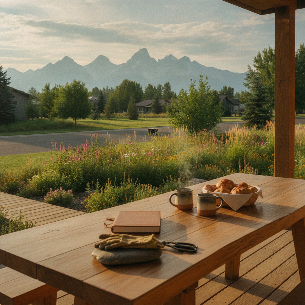 Wooden deck table with coffee and pastries overlooking mountain range, wildflower garden, and residential neighborhood