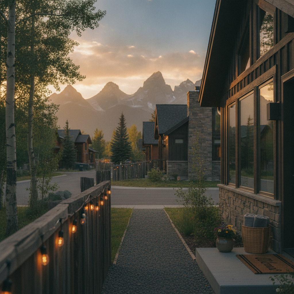 Modern stone and wood homes with lit pathway at dusk, mountain peaks visible in distance beyond evergreen forest.
