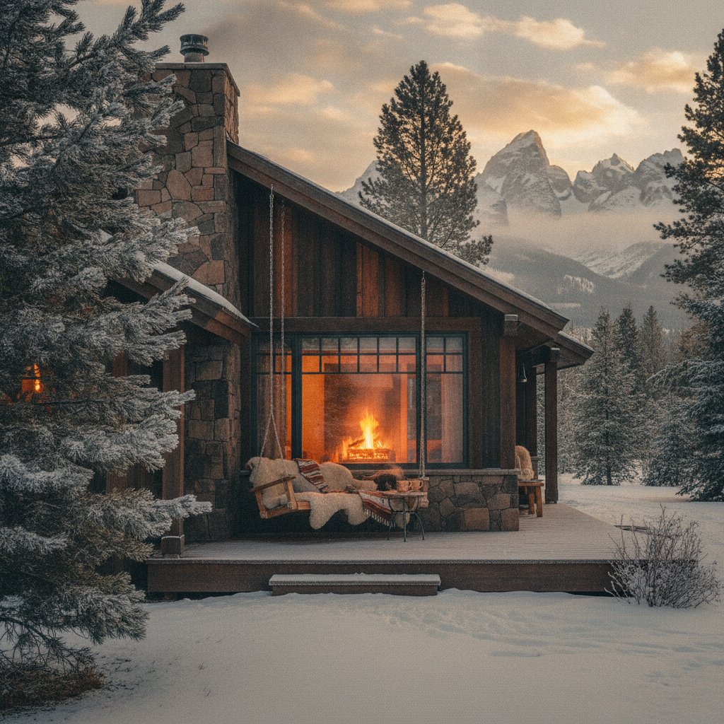 Modern cabin with stone chimney and fireplace glowing inside, surrounded by snow-covered evergreens and mountain peaks in background.