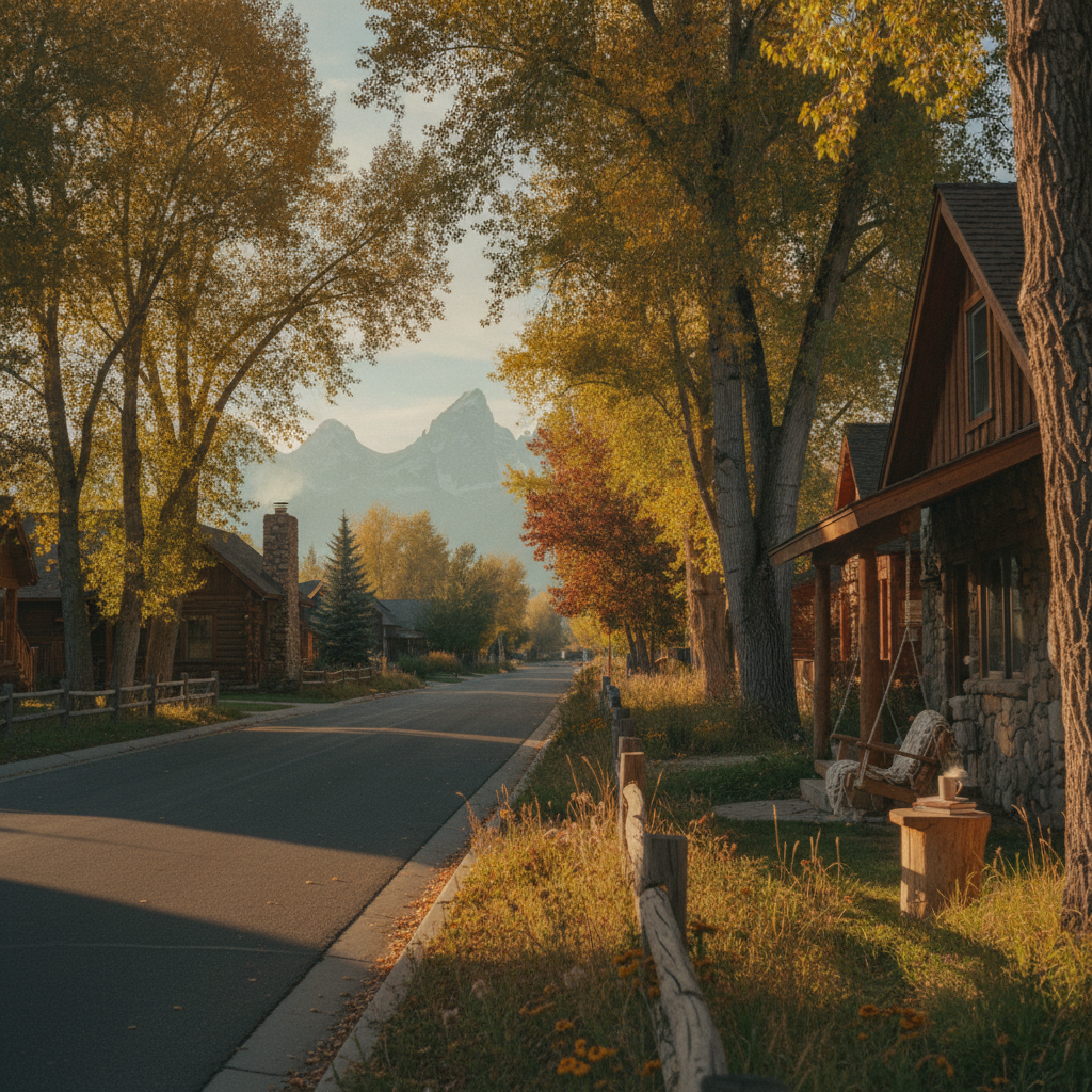 Tree-lined residential street in autumn with mountain view and rustic cabins on both sides