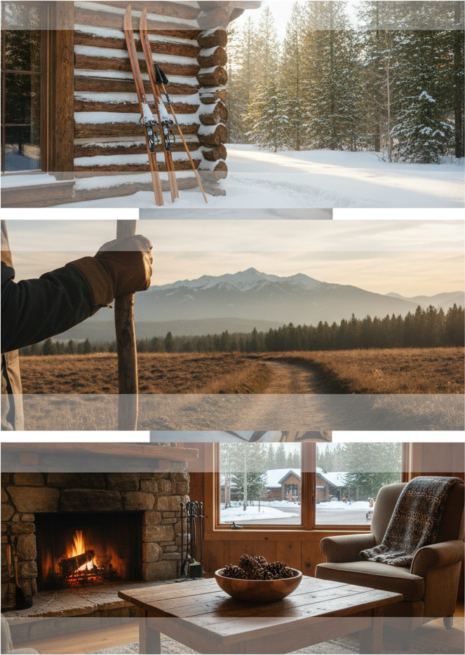 Log cabin exterior with snow and skis leaning against wall; mountain vista with meadow and evergreen forest; interior fireplace with armchair and snowy view