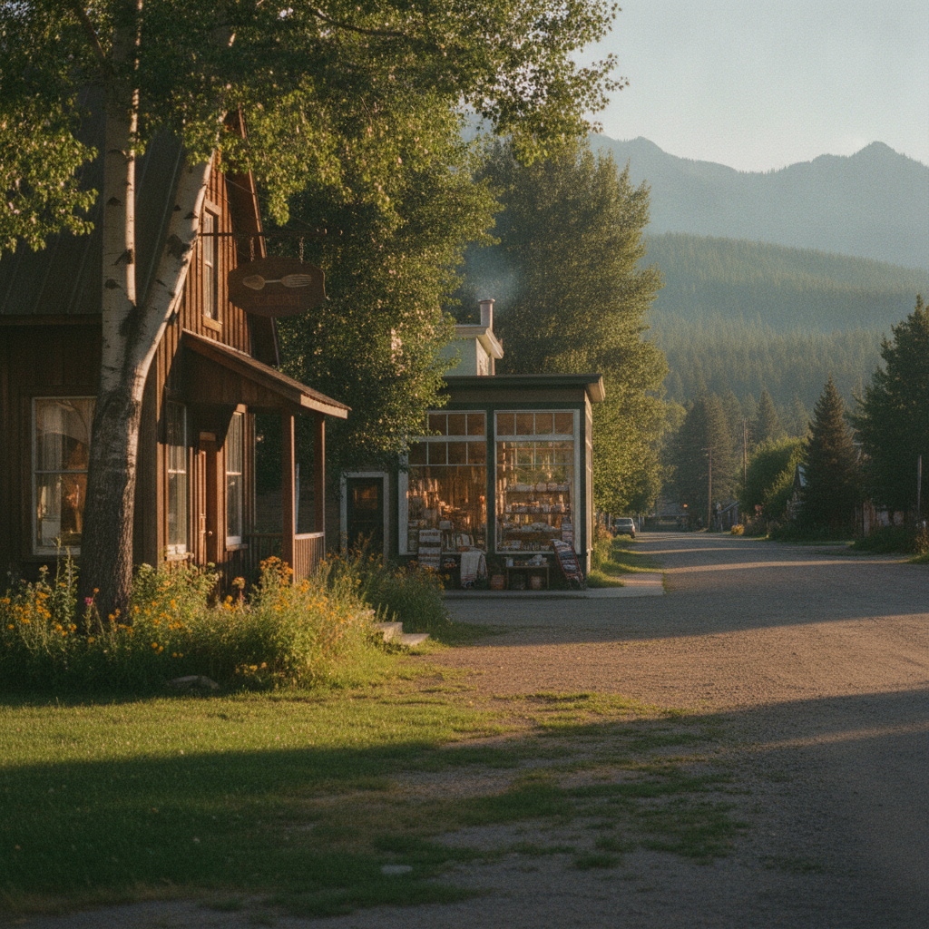 Rustic wooden cabins along a tree-lined dirt road with mountains and forest in the background