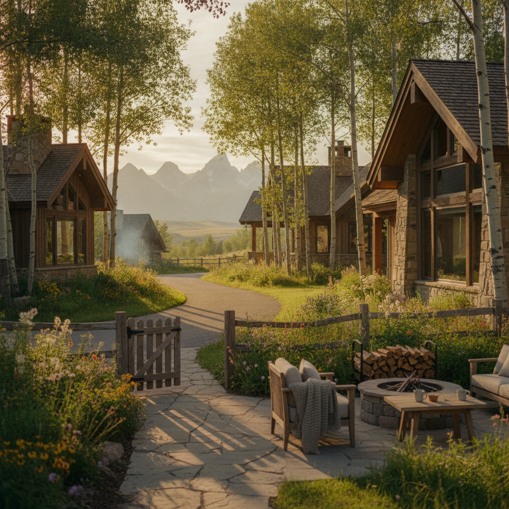 Stone cottages lining a tree-lined lane with mountain views, fire pit seating in foreground