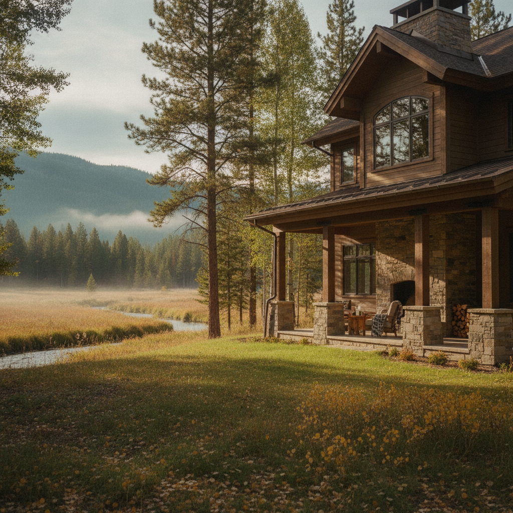 Modern log cabin with stone porch overlooking meadow, creek, and forested mountains at dawn