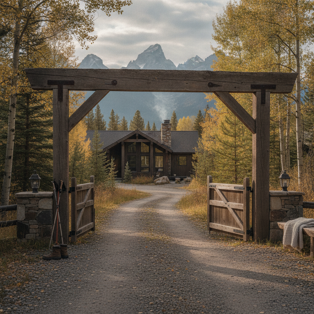 Wooden gate entrance framing mountain cabin with fall aspen trees and snow-capped peaks beyond
