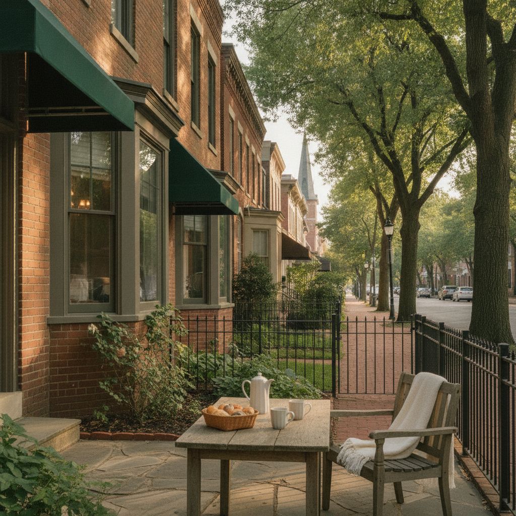 Brick townhouse patio with Adirondack chair, table, and view of tree-lined street