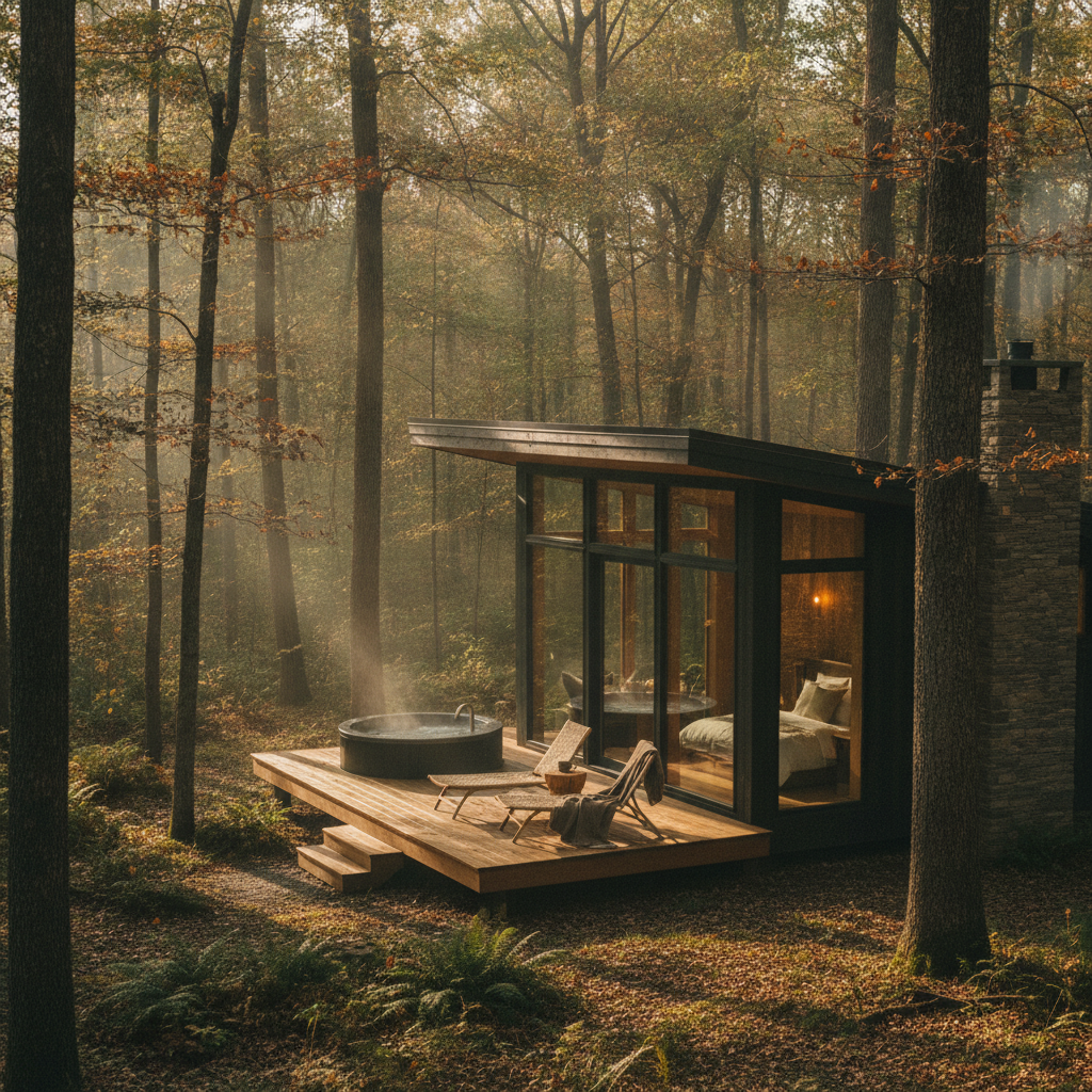 Modern cabin with large windows nestled among tall trees in autumn forest, wooden deck with hot tub and lounge chairs