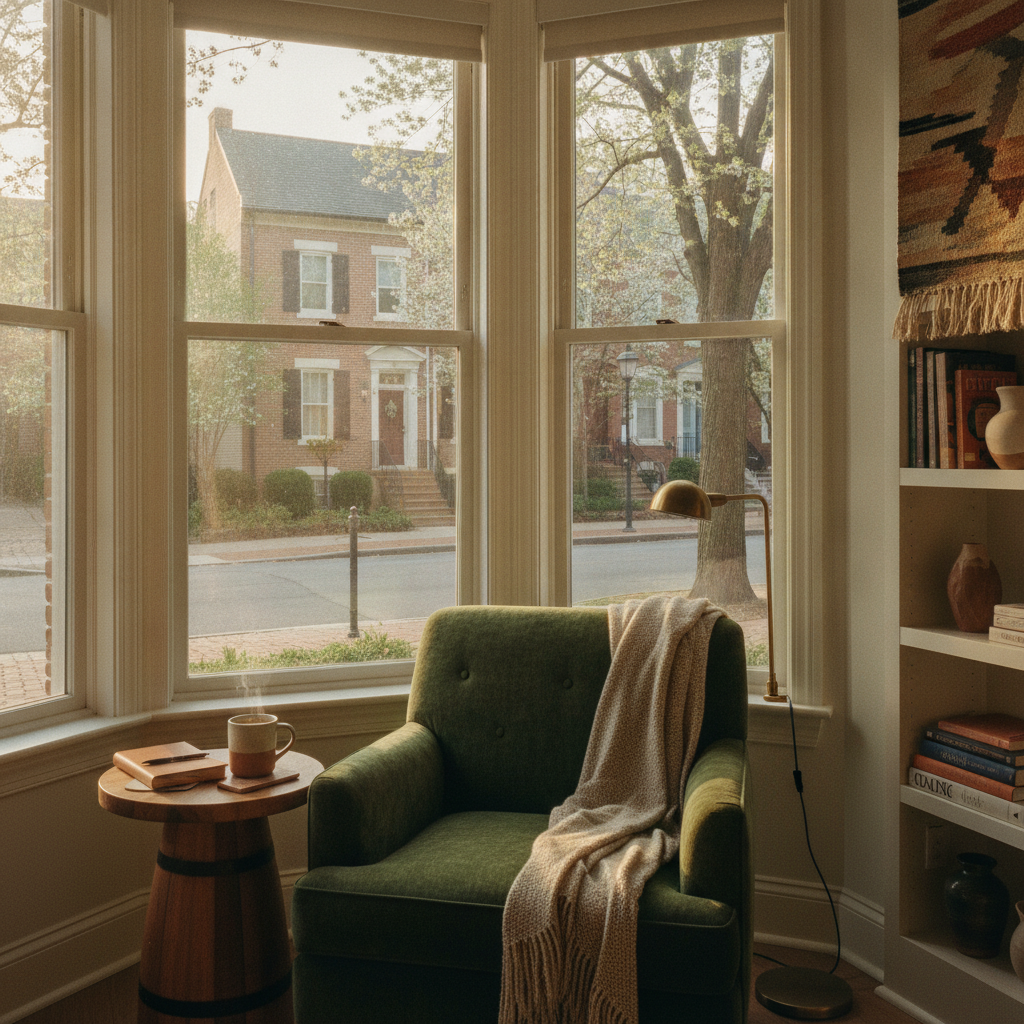 Green armchair with throw blanket by bay windows overlooking brick townhouses and tree-lined street.