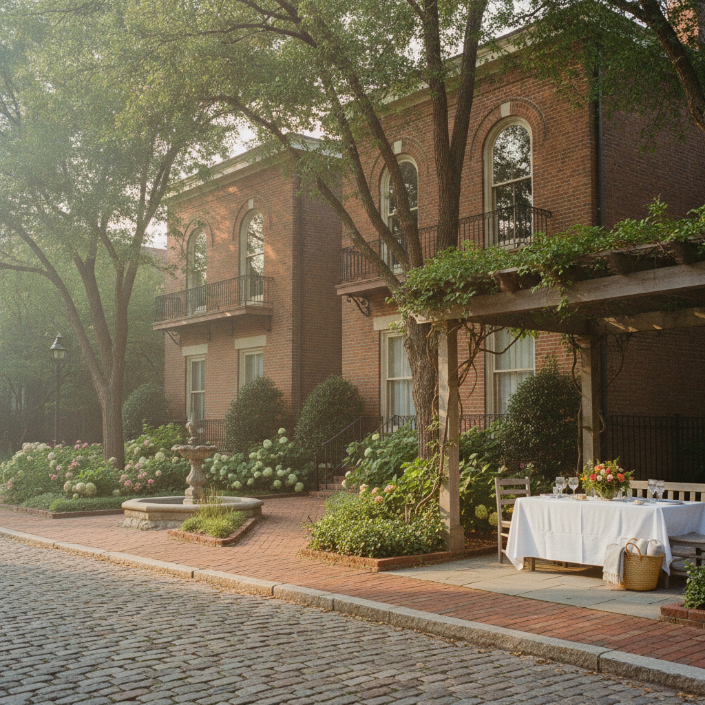 Brick mansion with arched windows, ivy-covered pergola, and manicured gardens along cobblestone courtyard.