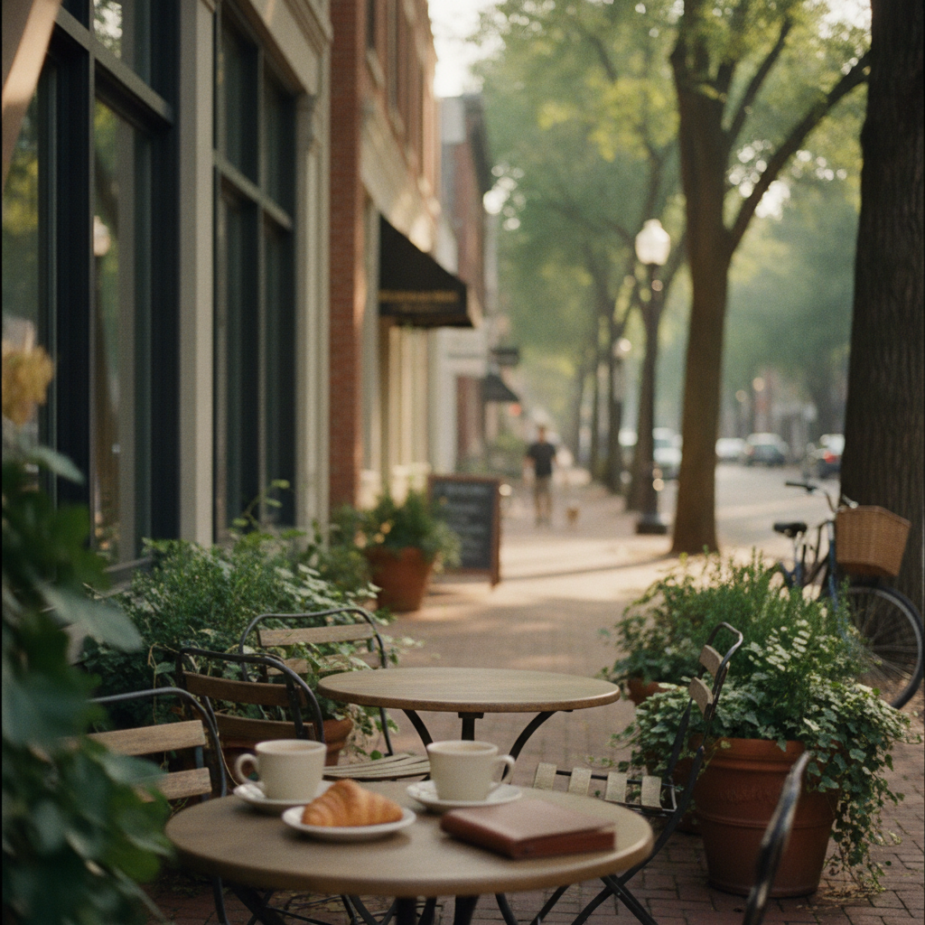 Outdoor café seating on tree-lined urban sidewalk with coffee cups and pastry on round table