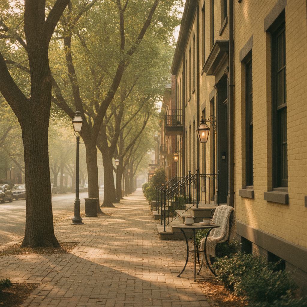 Tree-lined brick sidewalk with historic brick building, lanterns, and seating area