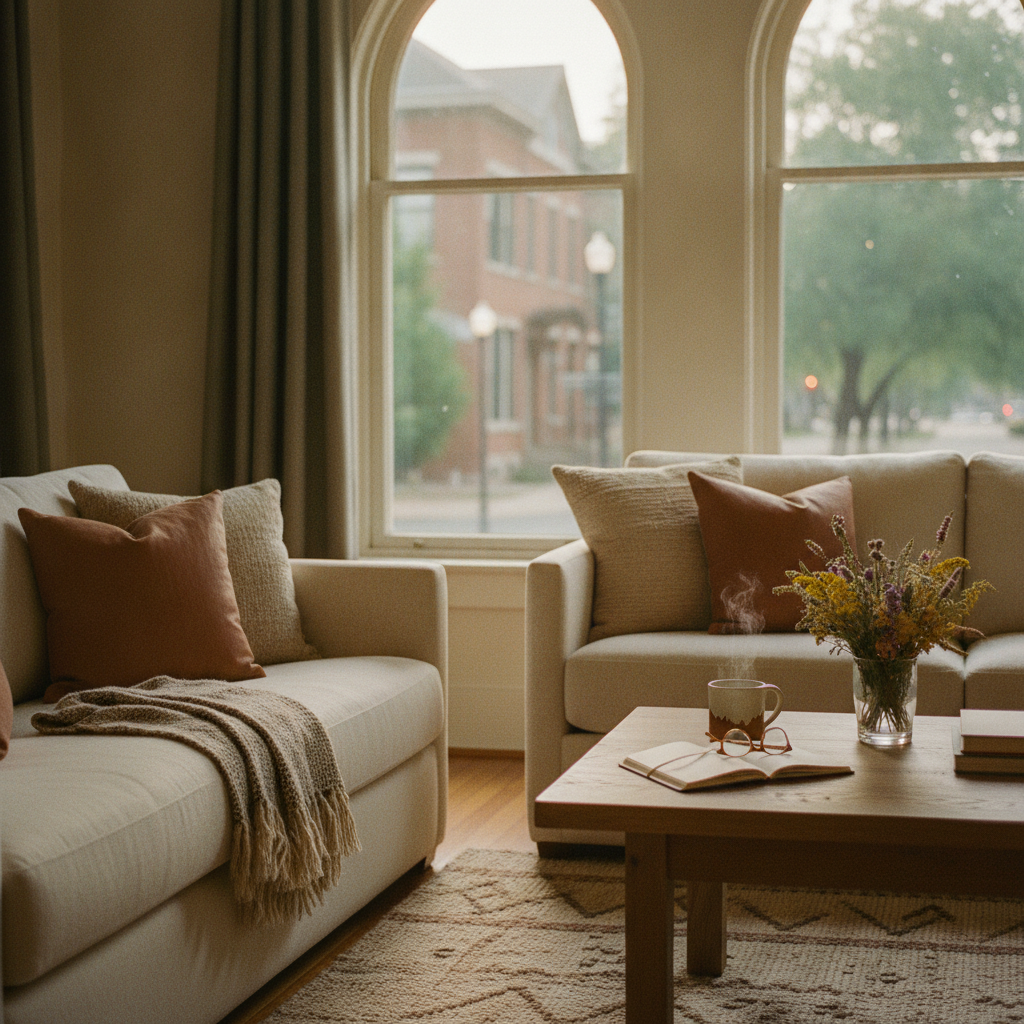 Cream-colored living room with arched windows overlooking a brick building, beige sofa and armchair with throw pillows, wooden coffee table with flowers and
